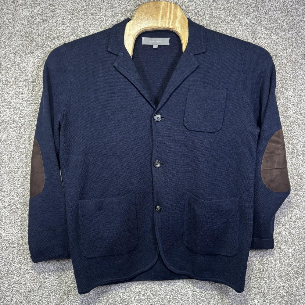 Neiman Marcus Sweater Mens Large Blue Merino Wool Cardigan Leather Elbow Patches